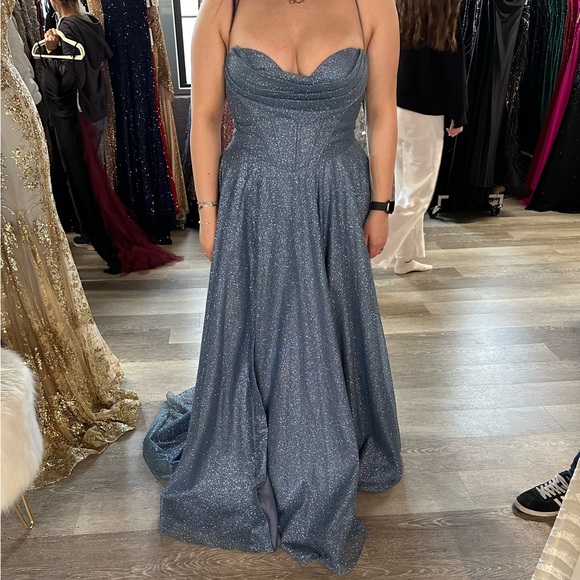 blue glitter ball gown with corset tie back - Picture 2 of 3